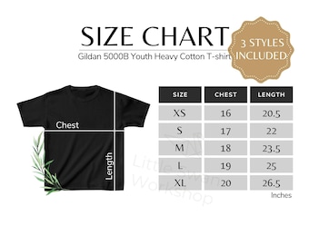 Gildan 5000B Size Chart, G500B Size Guide, Youth T-Shirt Sizing Table