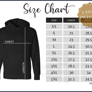 Puede incluir: Una sudadera con capucha negra con una tabla de tallas. La tabla incluye medidas de pecho y largo en pulgadas para las tallas XS a 5XL. El texto "Size Chart" está en la parte superior de la imagen.