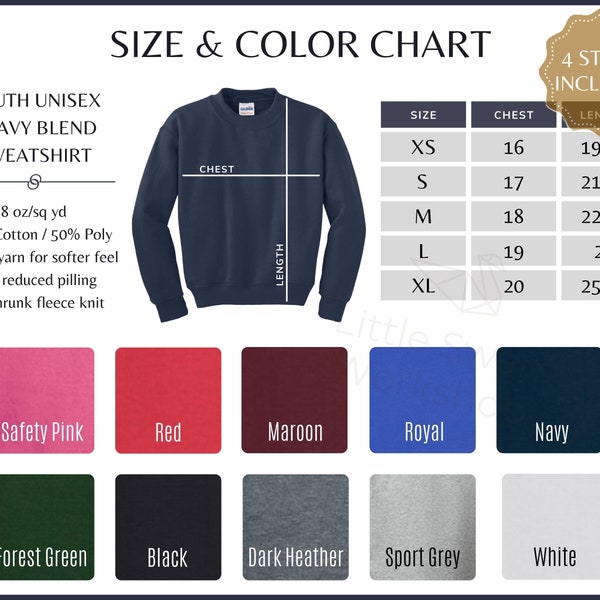 Gildan 18000B Color Chart, G180B Youth Sweatshirt Size and Color Guide, Gildan 18000B Color and size table, G180B All Colors