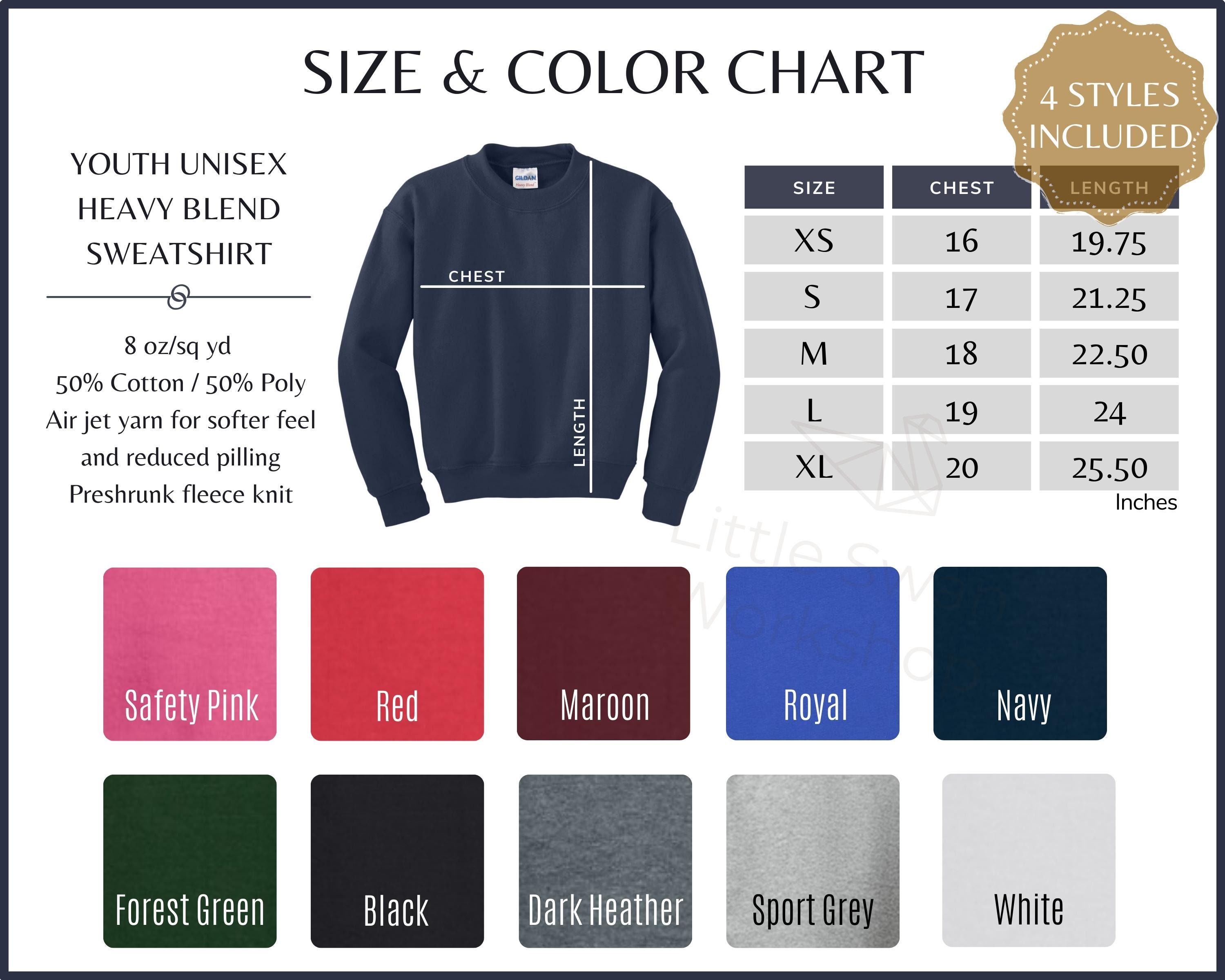 Gildan G180B Youth Unisex Heavy Blend Crew Sweatshirt XS - XL Size Chart |  Sweater Guide Mockup JPEG Download