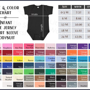 May include: A size and color chart for infant fine jersey short sleeve bodysuits. The chart includes a black bodysuit with the words "Size", "Width", and "Length" printed on it. The chart also includes a color palette with 10 rows of 10 colors each.