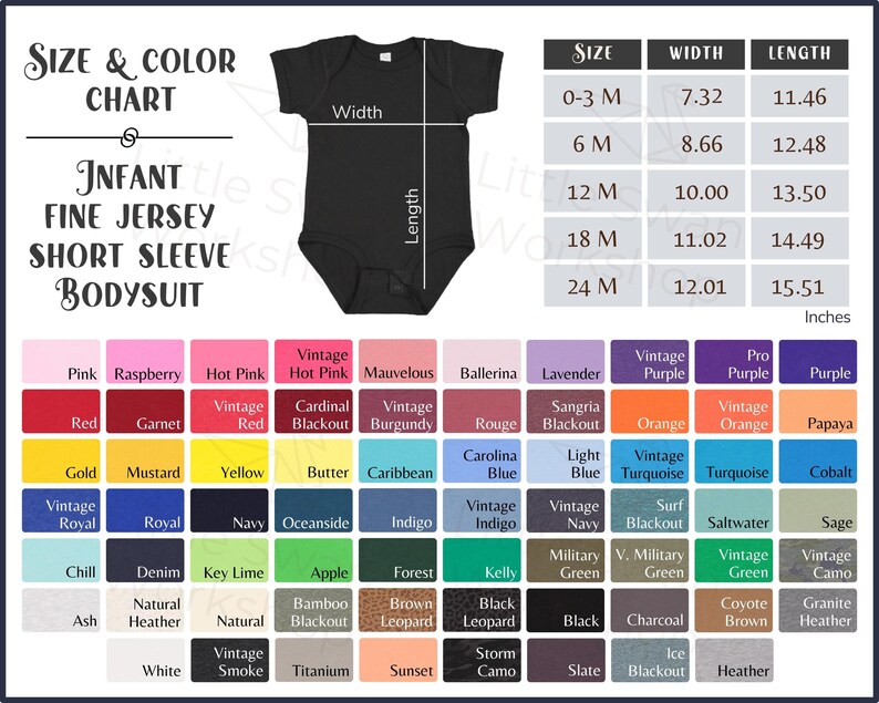 May include: A size and color chart for infant fine jersey short sleeve bodysuits. The chart includes a black bodysuit with the words "Size", "Width", and "Length" printed on it. The chart also includes a color palette with 10 rows of 10 colors each.