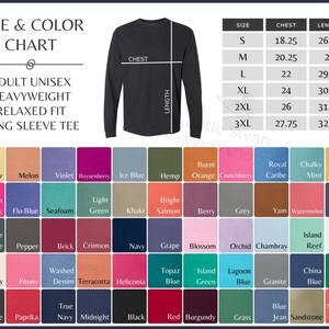 May include: Size and color chart for adult unisex heavyweight relaxed fit long sleeve tee. The chart shows sizes from S to 3XL with corresponding chest and length measurements in inches. The chart also includes a color palette with 48 different color options.