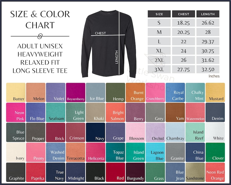 May include: Size and color chart for adult unisex heavyweight relaxed fit long sleeve tee. The chart shows sizes from S to 3XL with corresponding chest and length measurements in inches. The chart also includes a color palette with 48 different color options.