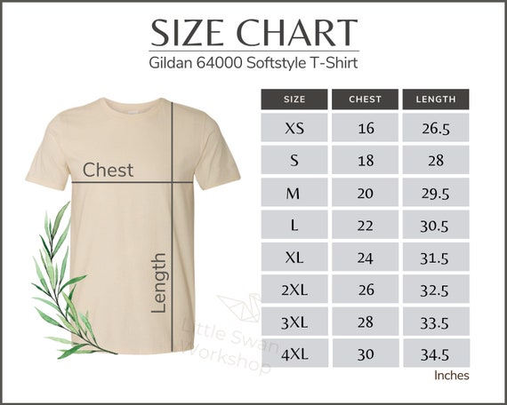 Gildan 64000 Unisex T-shirt Size Chart inches/cm, Digital Sizing Chart,  Gildan T-shirt Mockup Sizing Chart, 