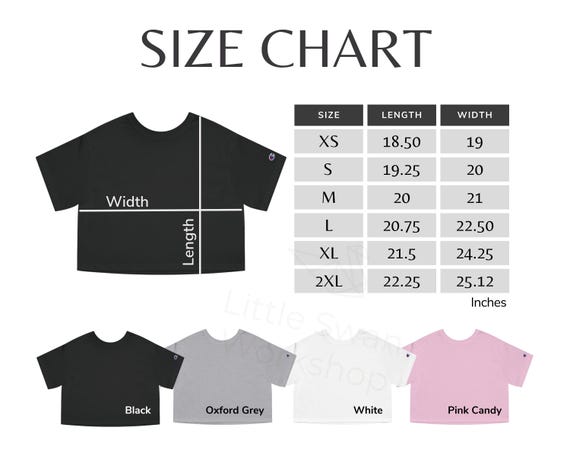 Champion T453W Size Chart, Women's Cropped T-shirt Size and