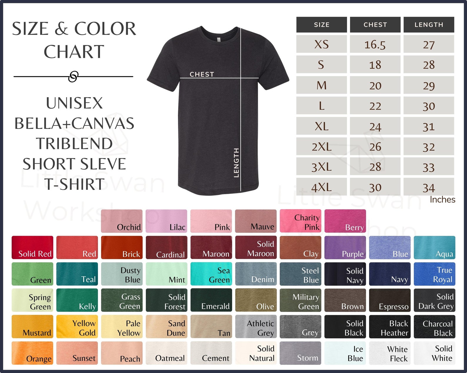 Bella Canvas 3413 Color Chart 3413 Adult Triblend Size and - Etsy