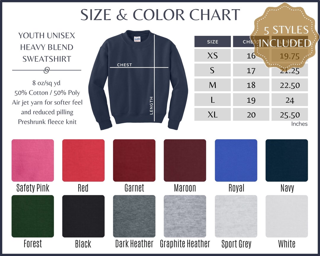 Gildan 18000B Color Chart Gildan G180B Youth Sweatshirt Size - Etsy