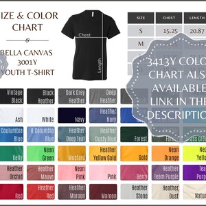 May include: A size and colour chart for Bella Canvas 3001Y youth t-shirts. The chart shows 24 different colour options for the t-shirts, including vintage black, ash, kelly, heather orchid, red, and more. The chart also includes a size chart with chest and length measurements in inches for sizes S and M.