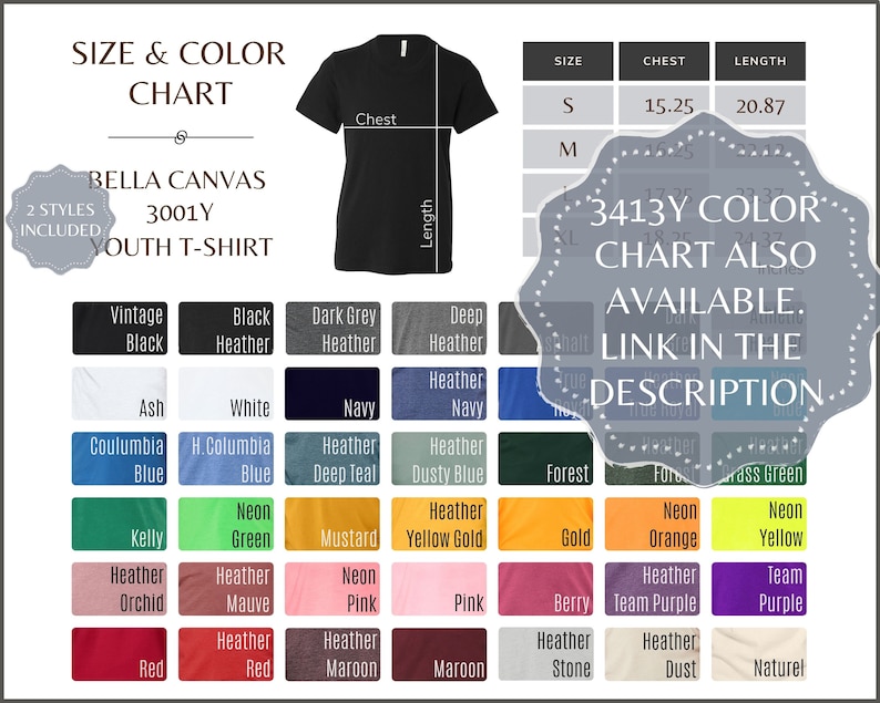 May include: A size and colour chart for Bella Canvas 3001Y youth t-shirts. The chart shows 24 different colour options for the t-shirts, including vintage black, ash, kelly, heather orchid, red, and more. The chart also includes a size chart with chest and length measurements in inches for sizes S and M.