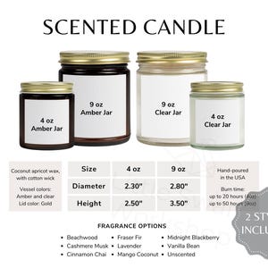 Tabela de tamanhos de velas perfumadas, cera de coco e damasco 4 onças, guia de tamanhos de 9 onças, opções de fragrâncias, impressão sob demanda POD