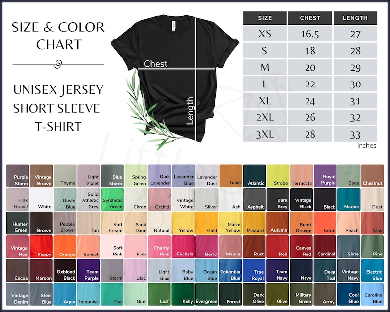 May include: Size and color chart for a unisex jersey short sleeve t-shirt. The chart shows sizes XS to 3XL with corresponding chest and length measurements in inches. A color chart displays a variety of colors for the t-shirt.