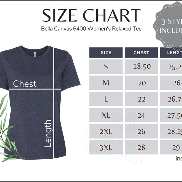 Bella Canvas 6400 Size Chart - 6400 Women's Relaxed Tee - Bella Canvas 6400 Mockup and Size Guide, White background
