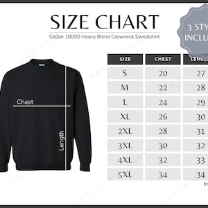 Gildan 18000 Size Chart - Gildan G180 Sweatshirt Size Table - Gildan 1800 Mockup and size chart - White background Gildan 18000 Size Guide
