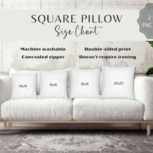 Tabla de tallas de almohadas cuadradas, guía de tallas de fundas de cojín POD, producto Printify 2 versiones incluidas