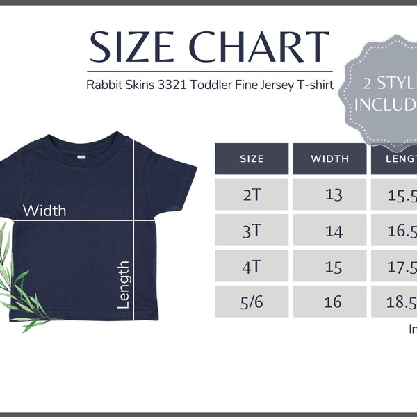 Rabbit Skins 3321 Size Chart - Toddler Fine Jersey T-shirt Size Table - Rabbit Skins 3321 Mockup and Size Guide, White background