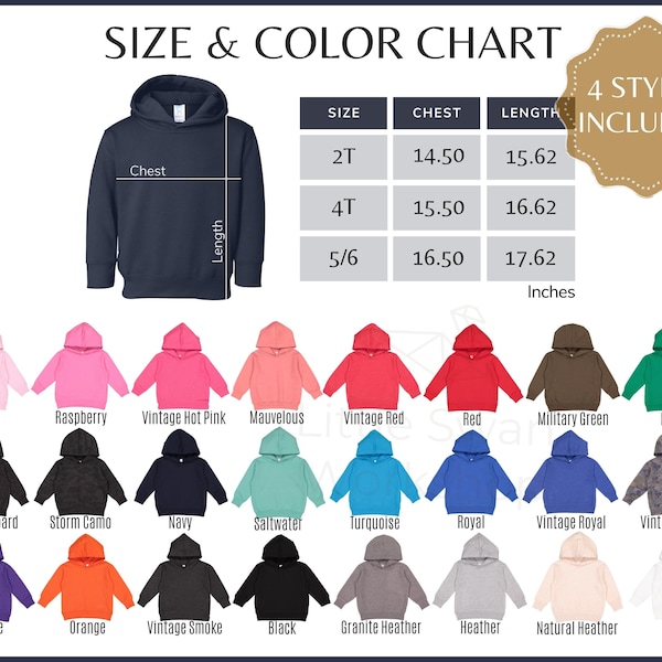 Rabbit Skins 3326 Color Chart, Toddler Hoodie Color and Size Guide, Every Color Mockup and size table - All Colors