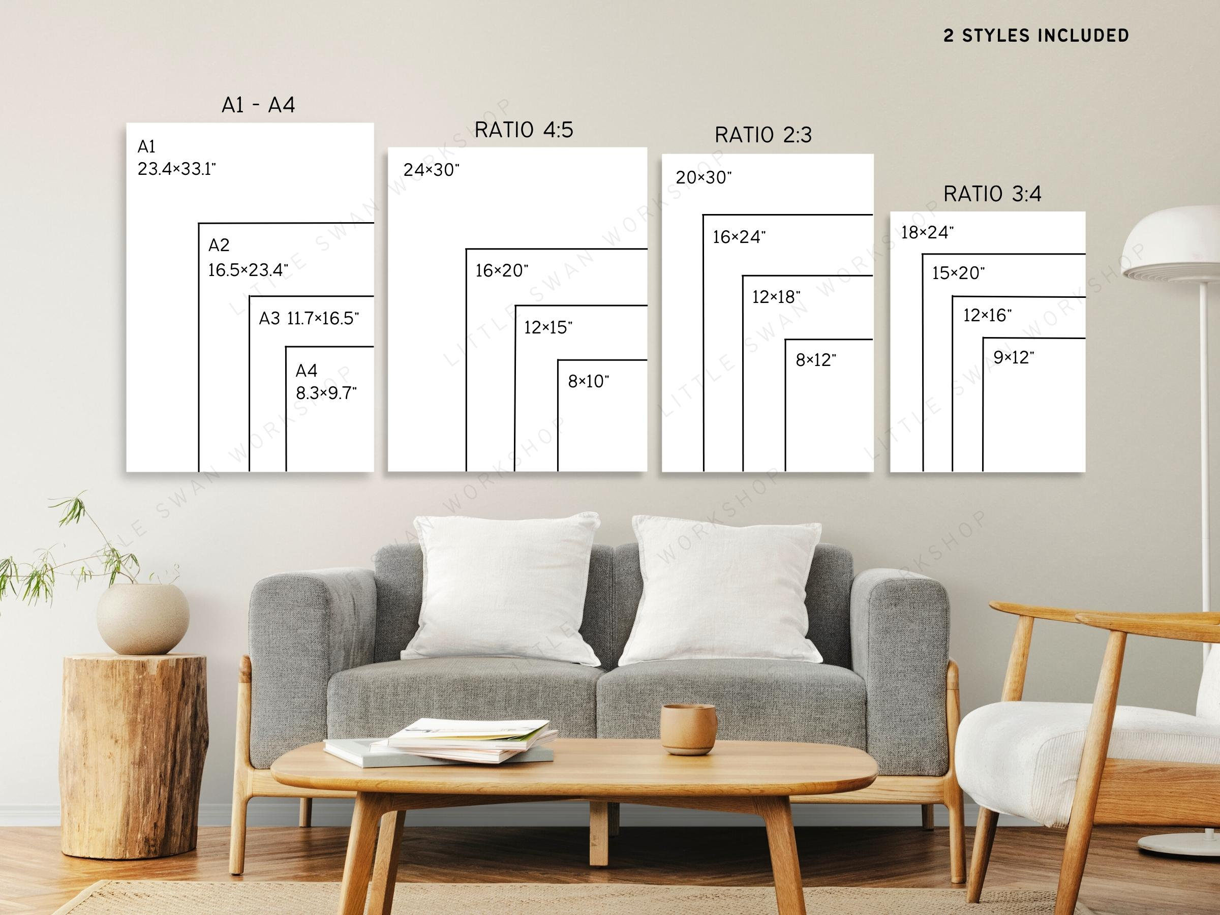 Wall Art Size Chart, Frame Size Guide, Ratio Table, Living Room Wall Display, Digital Poster