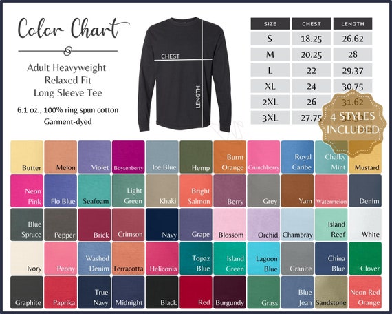 Comfort Colors 6014 Color Chart & Size Guide (Digital Download)