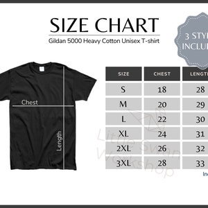 Gildan 5000 Size Chart, Gildan G500 Shirt Size Guide, Gildan 5000 Black Mockup, Gildan 5000 T-shirt white background size table