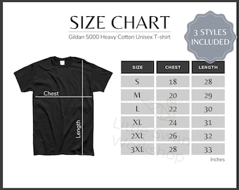 Gildan 5000 Size Chart, Gildan G500 Shirt Size Guide, Gildan 5000 Black Mockup, Gildan 5000 T-shirt white background size table