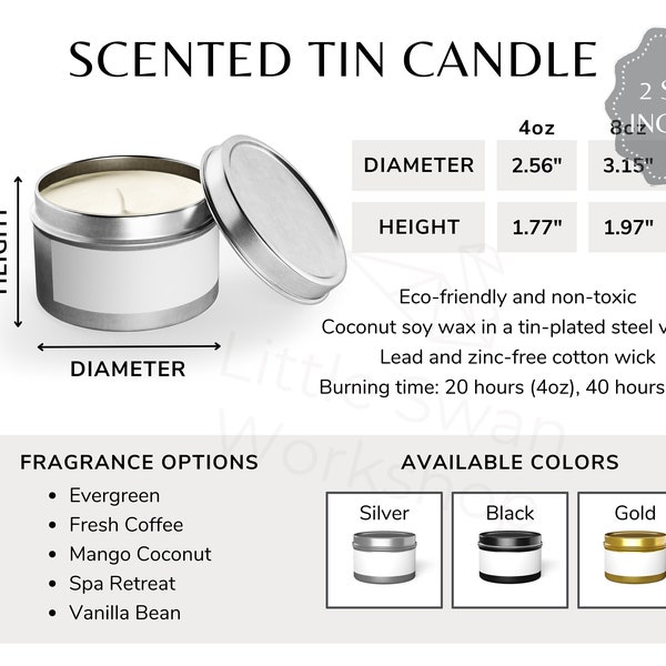 Scented Tin Candle Size Chart, Sizing Guide for Tin Candles, Fragrance and Color Options