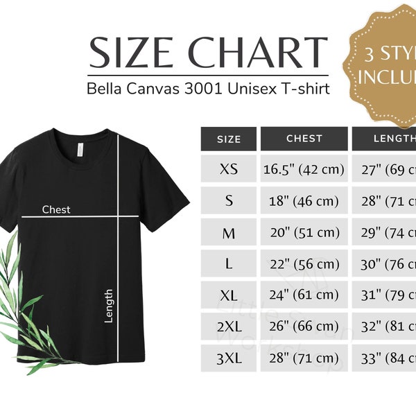 Bella Canvas 3001 metrische Größentabelle, BC unisex Tee Inch & cm Sizing Guide, European Sizes