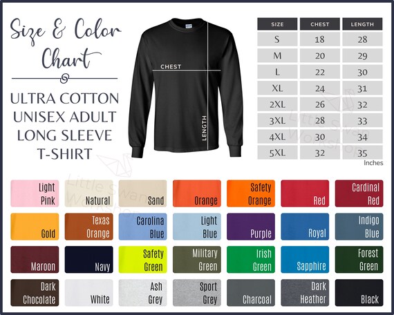 Gildan 2400 Long Sleeve T-shirt Color Chart - Size Guide (digital