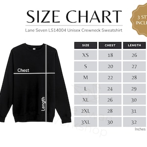 May include: Size chart for a unisex crewneck sweatshirt. The chart shows sizes XS through 3XL with corresponding chest and length measurements in inches.