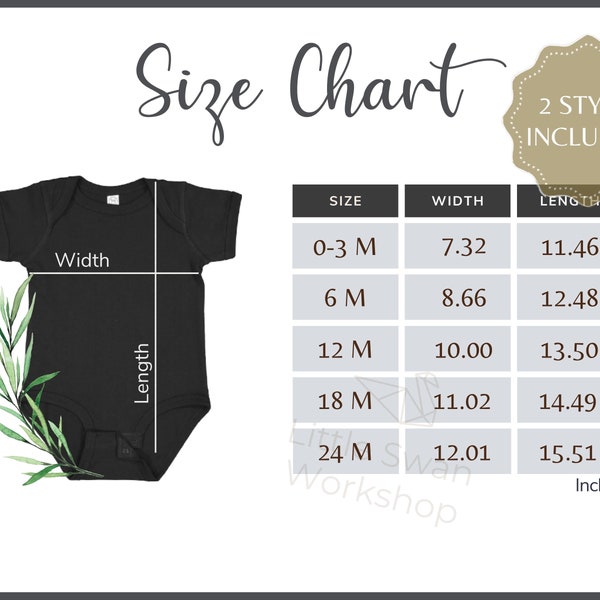 Rabbit Skins 4424 Size Chart - Infant Jersey Bodysuit Size Table- Rabbit Skins 4424 Mockup and Size Guide, White background
