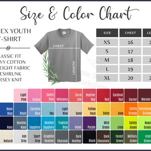 May include: Size and color chart for unisex youth t-shirts. The chart shows sizes XS to XL with corresponding chest and length measurements in inches. A color chart displays a variety of colors for the t-shirts, including indigo blue, neon blue, royal blue, carolina blue, sky blue, light blue, sand, yellow haze, daisy, gold, safety orange, tennessee orange, neon orange, orange, cobalt, navy, heather navy, sapphire, heather sapphire, tropical blue, violet, purple, mint green, lime, safety green, neon green, kiwi, white, natural, ash grey, sport grey, graphite heather, charcoal, dark heather, black, dark chocolate, forest green, military green, irish green, and electric green.