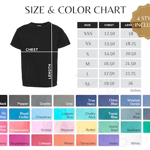 May include: Size and color chart for t-shirts with measurements in inches.  The chart includes 4 styles of t-shirts.  The color chart shows a variety of colors including black, grey, blue, green, pink, red, and white.