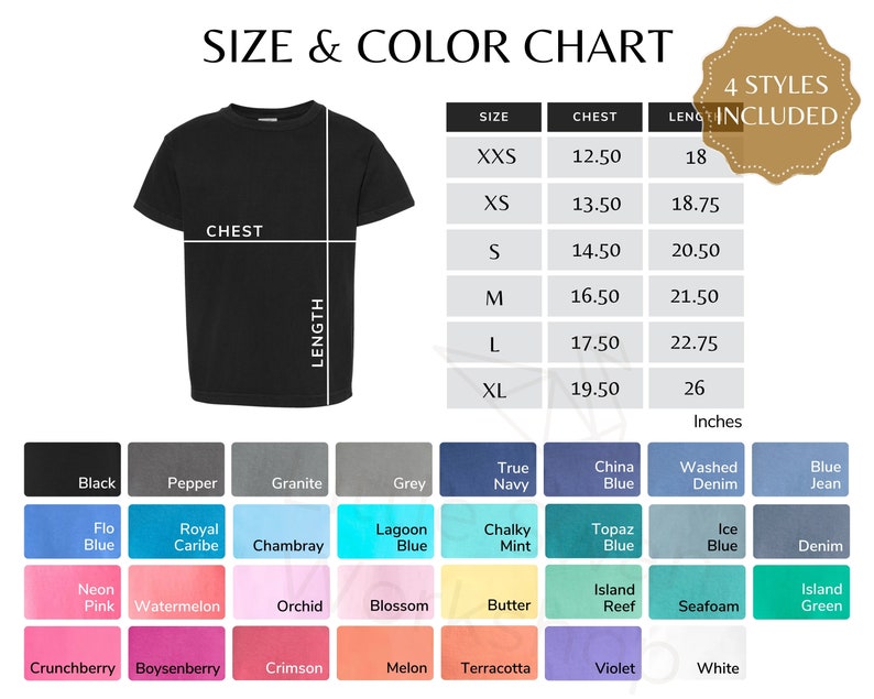 May include: Size and color chart for t-shirts with measurements in inches.  The chart includes 4 styles of t-shirts.  The color chart shows a variety of colors including black, grey, blue, green, pink, red, and white.