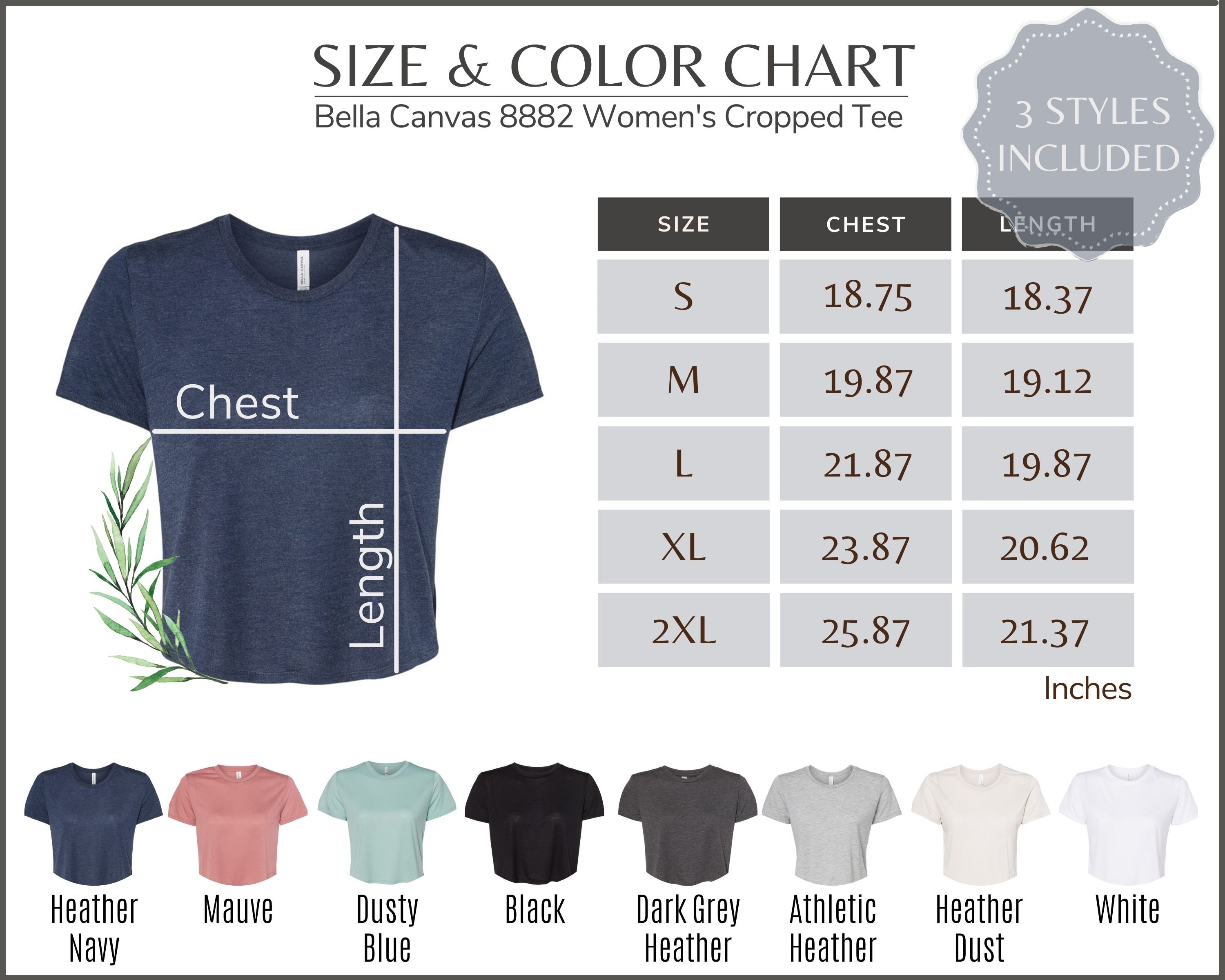 Bella Canvas 8882 Taglia e grafico a colori 8882 Tavolo formato tee ritagliato da donna Bella Canvas 8882 Mockup and Size Guide sfondo bianco Etsy Italia