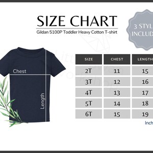 Gildan 5100P Size Chart, Gildan G510P Toddler T-Shirt Size Chart, Gildan 5100P Navy Mockup and size guide, white background size guide