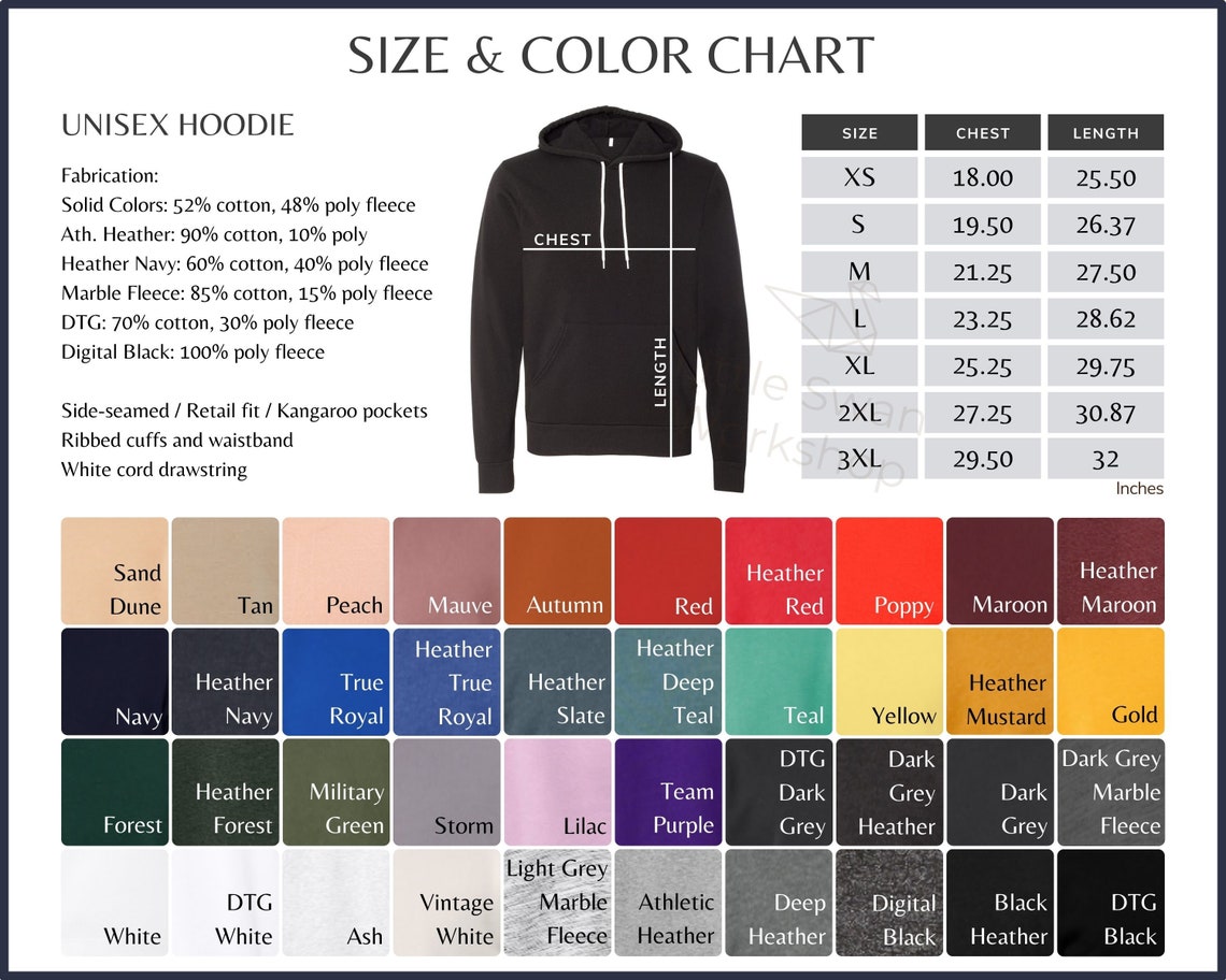 Bella Canvas 3719 Color Chart 3719 Unisex Sponge Hoodie Size | Etsy