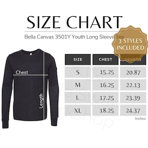 May include: A size chart for a Bella Canvas 3501Y youth long sleeve tee. The chart includes chest and length measurements in inches for sizes S, M, L, and XL. The shirt is dark gray and the text "3 STYLES INCLUDED" is also visible.
