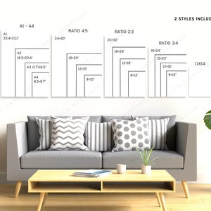 May include: A living room scene with a gray sofa, pillows, and a wooden coffee table. On the wall are framed prints showing different aspect ratios and sizes, including A1-A4, Ratio 4:5, Ratio 2:3, and Ratio 3:4, with sizes in inches. The text "2 STYLES INCLUDED" is visible.