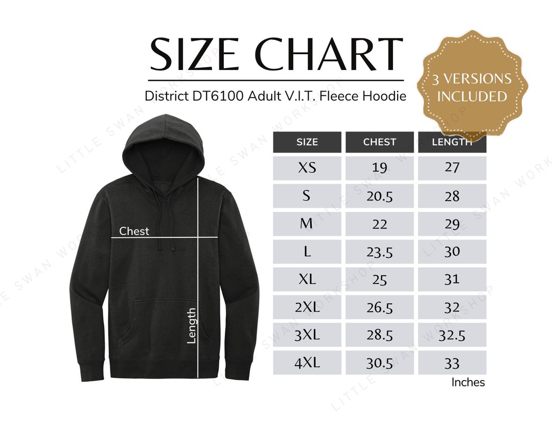 District DT6100 Size Chart Adult Unisex V.I.T. Fleece Hoodie - Etsy
