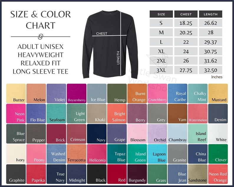 May include: Size and color chart for adult unisex heavyweight relaxed fit long sleeve tee. The chart shows sizes from S to 3XL with corresponding chest and length measurements in inches. The chart also includes a color palette with 48 different colors.