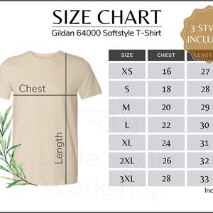 Tabla de tallas de Gildan 64000, Tabla de tallas de la camiseta G640 Softstyle - Tabla de tallas de Gildan - Guía de tallas de Gildan 64000, Fondo blanco