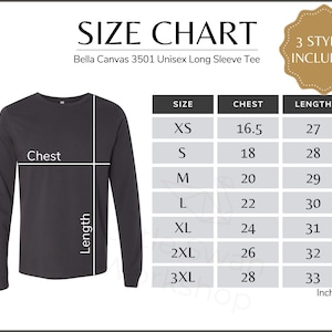 Op de afbeelding: Maattabel voor een Bella Canvas 3501 Unisex Longsleeve T-shirt. De tabel toont borst- en lengtemaat in inches voor maten XS tot 3XL.