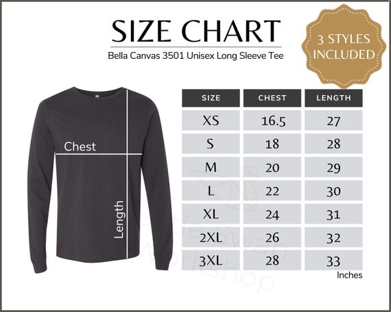 Bella Canvas 3501 Size Chart, Unisex Long Sleeve T-shirt Size