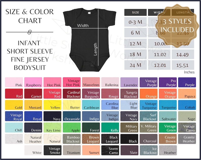 May include: A size and color chart for infant short sleeve fine jersey bodysuits. The chart includes 33 styles, sizes from 0-3 months to 24 months, and a color palette of 60 colors. The chart shows the width and length measurements in inches.