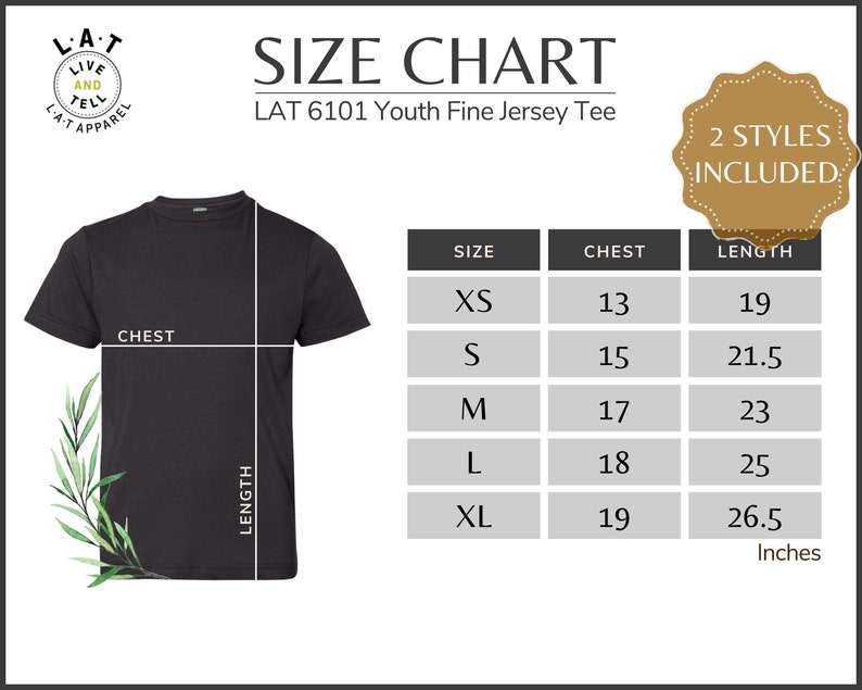 LAT 6101 Size Chart, Size Guide for LAT 6101, Youth Fine Jersey Tee ...