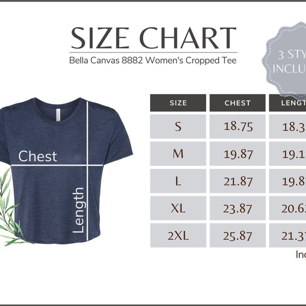 Bella Canvas 8882 Size Chart - 8882 Women's Cropped Tee Size Table - Bella Canvas 8882 Mockup and Size Guide, White background