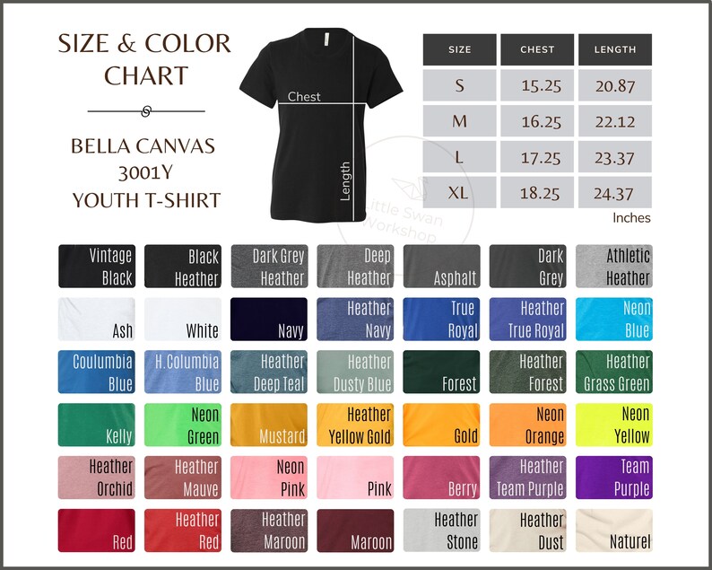 Bella Canvas 3001Y Color Chart Youth Bella Canvas 3001Y Tee | Etsy