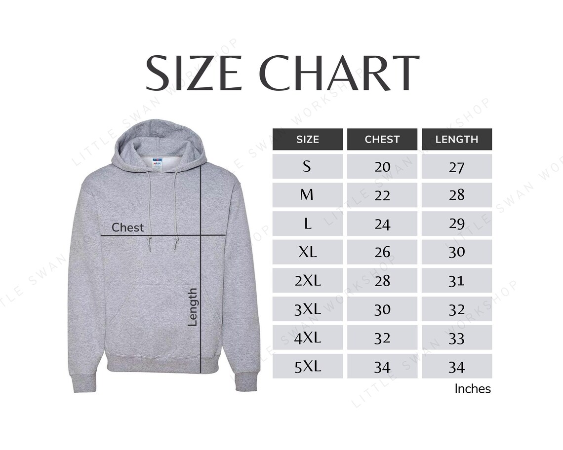 Jerzees 996MR Size Chart, Hoodie 996 MR Size Table, Hooded Sweatshirt