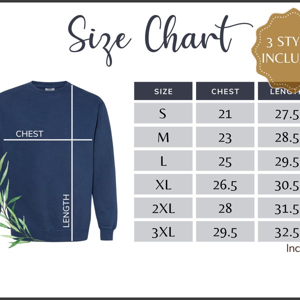 Comfort Colors 1566 Size Chart, Adult Crewneck Sweatshirt Sizing Table, Size Guide for 1566