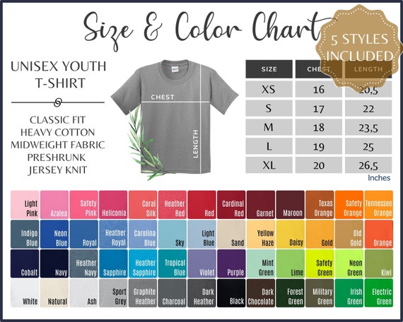 Gildan 5000B Color Chart Gildan G500B Youth T-shirt Size and - Etsy